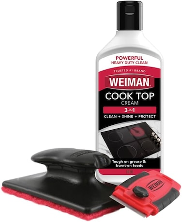 Weiman Cooktop and Stove Top Cleaner Kit - Glass Cook Top Cleaner and Polish 10 oz. Scrubbing Pad, Cleaning Tool, Razor, Scraper