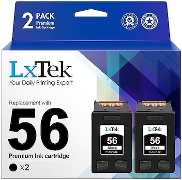 خرطوشة حبر مُعاد تصنيعها من LxTek بديلة لخرطوشة HP 56 C6656AN، متوافقة مع طابعات Deskjet 5850 و5650 و5150 وPhotosmart 7150 و7260 و7350 و7960 وPSC 2510 (2 أسود)