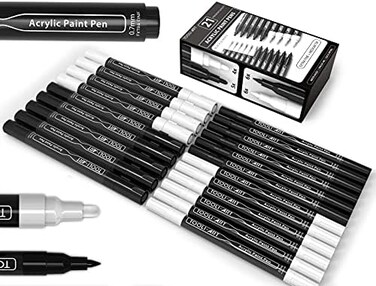 TOOLI-ART 21 Black And White Acrylic Paint Pens Markers Set 0.7mm Extra Fine And 3.0mm Medium Tip For Rocks,Canvas,Most Surfaces. Non Toxic, Quick Dry