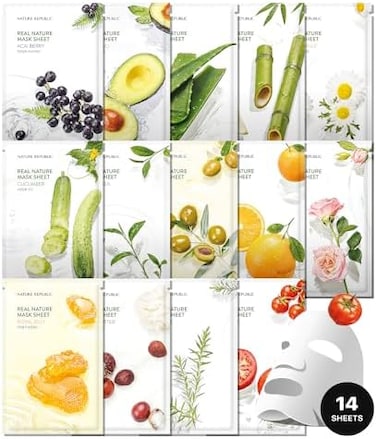 Nature Republic Real Nature Mask Sheet (14 type, Nature made Freshly packed Korean Face Mask, Natural Plant Extract (Pack of 14[RENEWAL]