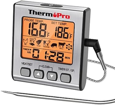 مقياس حرارة رقمي للحوم من ThermoPro TP16S للطهي والشواء، مقياس حرارة طعام الشواء مع إضاءة خلفية ومؤقت مطبخ، مقياس حرارة مسبار للشواية مناسب للمدخنة والشواية والفرن وأدوات الطهي