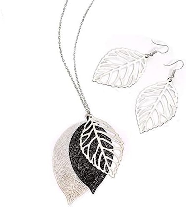 NVENF Leaf Earrings and Long Necklaces Set for Women Boho Gold-tone Multi Tiered Leaves Delicate Chain Dangle Necklace SimpleLeaf Statement Dangling Earrings