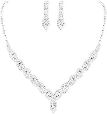 Ruzzykea CZ Rhinestone Necklace Earrings Wedding Jewelry Set For Bride Bridesmaid Prom Evening Party Homecoming
