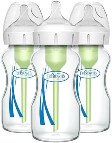 Dr. Brown's Natural Flow Anti-Colic OptionsWide-Neck Glass Baby Bottles 9 oz/270 mL, with Level 1 Slow Flow, 3 Pack, 0m