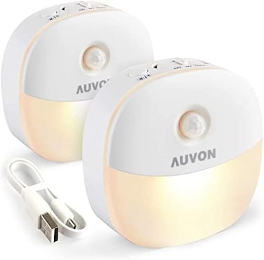 AUVON Rechargeable Battery Night Light, Mini with Motion Sensor, Warm White LED Stick-On Closet Light with Dusk to Dawn Sensor, Adjustable Brightness for Wall, Stairs, Hallway, Cabinet (2 Pack