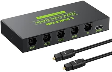 موزع الصوت الرقمي البصري LiNKFOR 1x4، موزع صوت رقمي SPDIF Toslink من الألياف الضوئية، مدخل واحد وأربعة مخارج، مصنوع من سبائك الألومنيوم مع كابل بصري، متوافق مع PS3 وXbox وBlu-ray DVD وHDTV