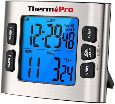 مؤقت مطبخ ThermoPro TM02 بإضاءة خلفية وعداد تنازلي مع مغناطيس، ومستوى صوت قابل للتعديل وشاشة LCD