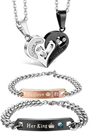 Jstyle 4Pcs Couple Necklace Bracelets Matching Set for Women Men Heart Pendant Necklace HisHers Bracelets Couple Gift