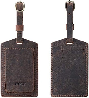 S-ZONE Leather Luggage Baggage Name Labels ID Label for Suitcases Backpack 2 Pieces Set, Dark Brown, Small