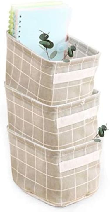 AARAINBOW 3 Packs Storage Basket Bins Canvas Mini Storage Cubes Storage Basket for Makeup, Toys Liners, Books Storage Baskets with Handles for ShelvesDesks(3 Gray