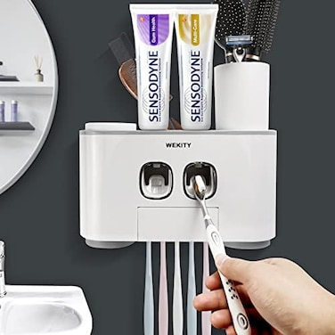 WEKITY Toothbrush Holder Wall Mounted, Multi-Functional Toothbrush and Toothpaste Dispenser for Bathroom, with 5 Toothbrush Slots, 2 Toothpaste Squeezers and 4 Cups(Grey