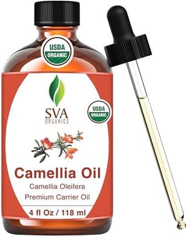 SVA Organics Camellia Oil Organic USDA 4 Ounce Pure Natural Cold Pressed Carrier Oil for Skin Care, Hair, Face Cleanser, Shampoo