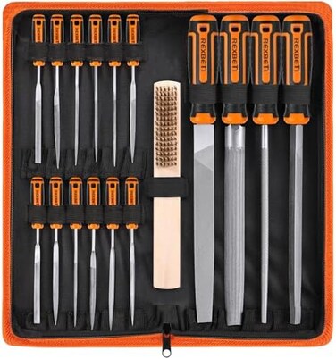 REXBETI 25Pcs Metal File Set, Premium Grade T12 Drop Forged Alloy Steel, Flat/Triangle/Half-round/Round Large File and 12pcs Needle Files with Carry Case, 6pcs Sandpaper, a brush,a pair working gloves