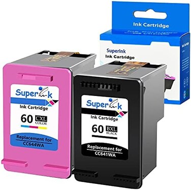 عبوة من خرطوشتي حبر معاد تصنيعهما من SuperInk، متوافقة مع طابعات HP 60 و60XL وCC641WA وCC644WA (خرطوشة سوداء وخرطوشة ثلاثية الألوان). بديل لطابعات Deskjet D1660 وD1663 وPhotoSmart C4600 وC4610 وEnvy 1