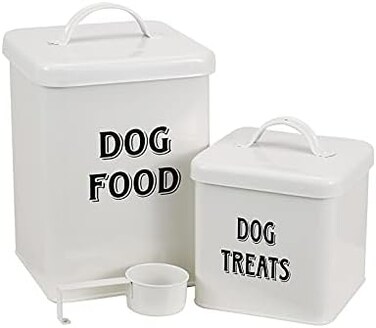 Morezi Pet Food and Treats Containers Set with Scoop for Cats or Dogs - Beige Powder - Coated Carbon Steel - Tight Fitting Lids - Storage Canister Tins - Dog Food