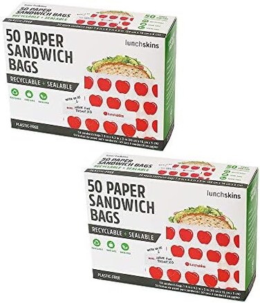 Lunchskins RecyclableSealable Paper Sandwich Bags, w/Closure Strip, 100-Count, Apple, 2-Pack