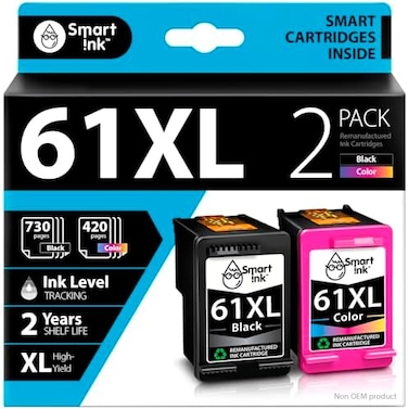 خرطوشة حبر مُعاد تصنيعها من سمارت إنك بديلة لخرطوشة HP 61XL (لون أسود، عبوة من قطعتين) متوافقة مع طابعات Deskjet 1000، 1010، 1050، 1510، 2050، 2050A، 2510، 2540، 2541، 3000، 3050، 3050A، 3510، وEnvy 4