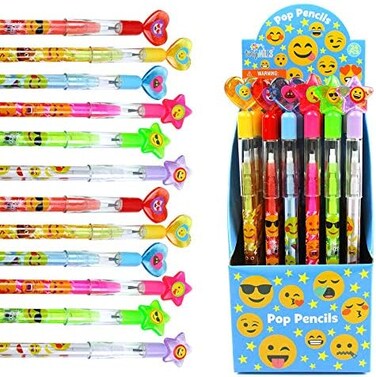 TINYMILLS Tiny Mills 24 Pcs Emoji Multi Point Stackable Push Pencil Assortment with Eraser for Emoji Birthday Party Favor Prize Carnival Goodie Bag Stuffers Classroom Rewards Pinata Fillers