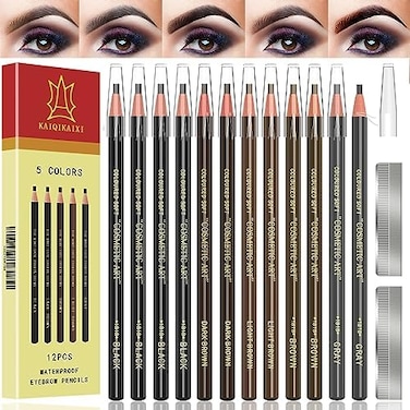 KAIQIKAIXI Waterproof Eyebrow Pencils Brow Pencil Set For Marking, Filling And Outlining, Tattoo Makeup And Microblading Supplies Kit-Permanent Eye Brow Liners In, 12Pcs 5Colors(4Black6Brown2Gray(Mult