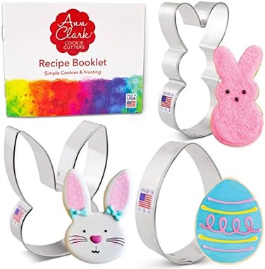 Steel Easter Cookie Cutter with Recipe Booklet, Set of 3 Piece (Easter Bunny, Egg and Rabbit Head - Ann Clark