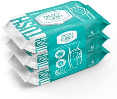 Nice 'N Clean Adult Flushable Wipes (3 x 60 CountPersonal Cleansing Wipes Made from Plant-Based FibersInfused with AloeVitamin E