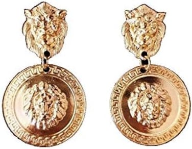 Doubnine Lion Head Earrings Big Coin Gold Circle Dangle Baroque Animal Earrings Vintage 80's Women Accessories Gift
