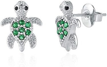 KINGSIN Silver Hypoallergenic Sea Turtle Stud Earrings with Green Cubic Zirconia Jewelry Gifts for Girl Women
