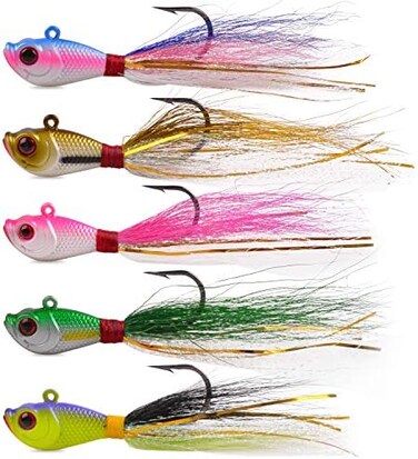 SILANON Bucktail Jigs Saltwater Fluke Lures,5PCS Bucktail Hair Jigs Head Fishing Lure Baits Assorted Kit for Bass Striper Bluefish Surf Fishing 1/4oz 1/2oz 1oz 1.5oz 2oz