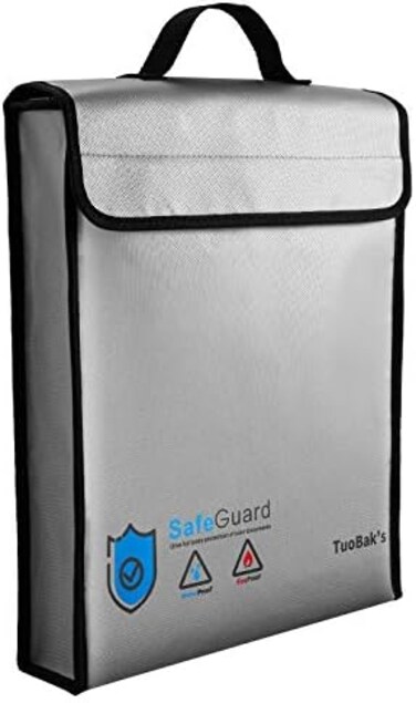 TuoBak's Fireproof Document Bag,Large Capacity Solid Silicone Coated Fireproof Document Holder 15.8" x 12.6" x 3.1" with Zipper Closure for Documents Jewelry