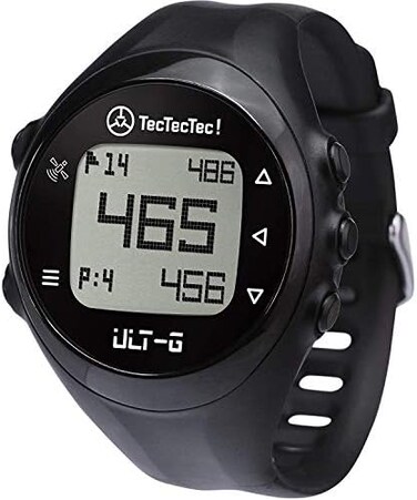 ساعة TecTecTec ULT-G الأنيقة والخفيفة الوزن ومتعددة الوظائف للجولف مزودة بنظام تحديد المواقع العالمي (GPS)، وسوار معصم متين مع شاشة LCD، وملاعب جولف عالمية مُحمّلة مسبقًا - أسود