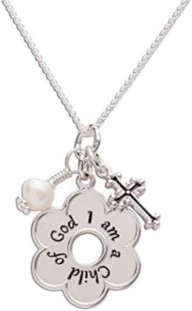 Precious Pieces Girl's Sterling Silver"I Am a Child of God" Daisy Necklace Religious Baptism and First Communion Gift for Girls
