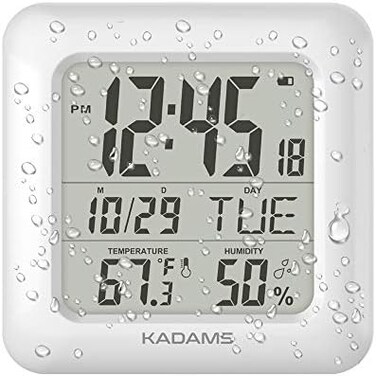 KADAMS Digital Bathroom Shower Wall Clock, Waterproof for Water Spray, Temperature Humidity Moisture Proof, Large Display Calendar Month Date Day, Suction Cup Stand Hanging Hole Rope Clock White Frame