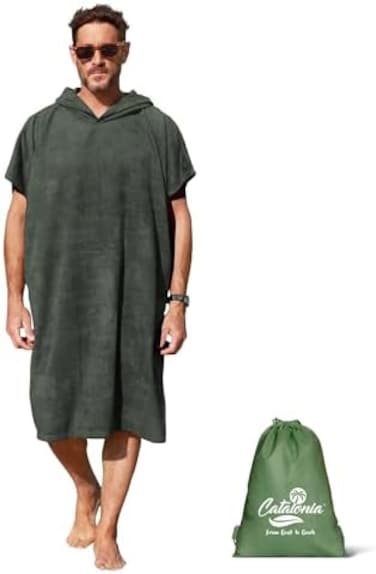 Catalonia Hooded Surf Towel Poncho, Super Water Absorption Microfiber Beach Sand-Proof Wetsuit Changing Robe for Adults Men Women Surfing Swimming Bathing Green