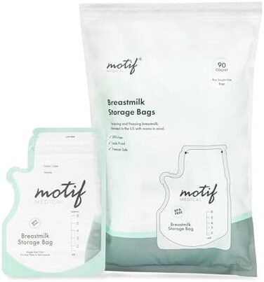 Motif Medical, Milk Storage Bags, 8 oz Milk Freezer Bag with Easy Pour Spout, BPA Free, Write-On Label - 90 Count