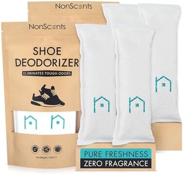 NonScents Shoe Deodorizer 2-Pack (4 Count- Odor Eliminator, Air Freshener, Smell Absorber, Scent Remover for Shoes, Gym Bags, Soccer Cleats, Closets, Pet Area, Reusable - Shoe Deodorant