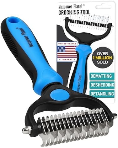 Maxpower Planet Pet Grooming Brush - Double Sided Shedding and Dematting Undercoat Rake Comb for Dogs and Cats,Extra Wide, Blue, Dog Grooming Brush, Dog Shedding Brush