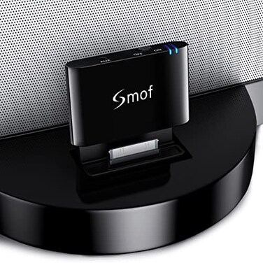 محول بلوتوث Smof ذو 30 دبوسًا، مستقبل منخفض التأخير، محول بلوتوث Sounddock لأجهزة iPod، محول لمحطات إرساء الموسيقى الأخرى ذات 30 دبوسًا، مكبر صوت