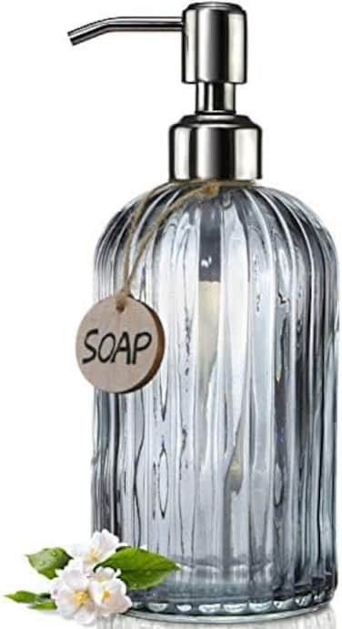 JASAI 18 Oz Vertical Stripes Kitchen Soap Dispenser with 304 Rust Proof Stainless Steel Pump, Refillable Liquid Soap Dispenser for Bathroom, Kitchen, Hand Soap, Dish Soap (Clear Grey