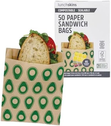 Lunchskins Compostable Food Storage Sandwich Bags, Avocado Design, 50 Bags - Eco-Friendly, Recyclable, Made Without PFAS and BPA