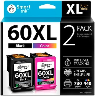 خرطوشة حبر مُعاد تصنيعها من سمارت إنك بديلة لخرطوشة HP 60 XL 60XL (عبوة سوداء) للاستخدام مع طابعات Deskjet D2530 وD2545 وF2430 وF4440 وEnvy 100 و110 و120 وPhotosmart C4640 وC4650 وC4680 وC4780 وC4795