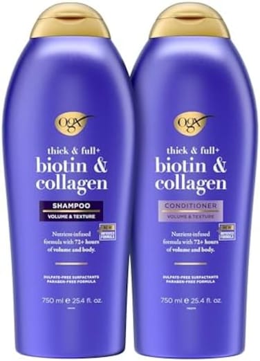OGX ThickFullBiotinCollagen Extra Strength Volumizing ShampooConditioner with Vitamin B7Hydrolyzed Wheat Protein for Fine Hair, 25.4 oz Pack of 2