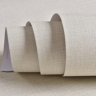 TANONE Cream Linen Wallpaper PVC Self-Adhesive Peel and Stick DIY Wallpaper Faux Imitation Cloth Vinyl Film Wall Sticker Solid Color Decorate Furniture Bedroom (15.8 in X 118 in