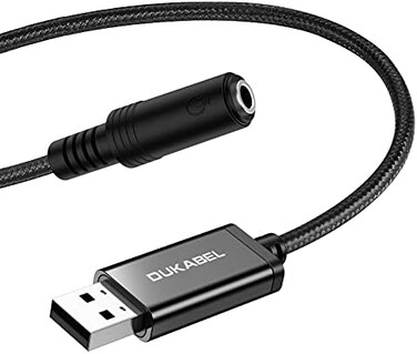 DUKABEL USB to 3.5mm Jack Audio Adapter, Aux to USB Adapter Cable with TRRS 4-Pole Mic-Supported USB to Headphone Jack Aux Adapter Built-in Chip External Sound Card for PC PS4 PS5 and More [9.8 inch]