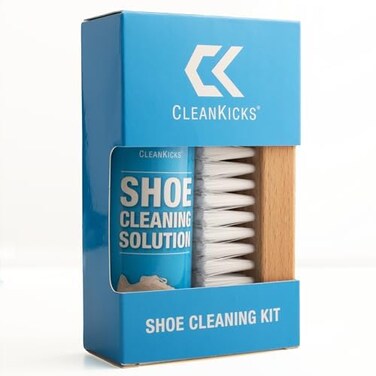 CleanKicks Shoe Cleaning Kit - Footwear Cleaner for Sneakers, Boots, Cleats, and Many Other Shoe Types - (4 Ounce Bottle and Brush. Packaging May Vary Between Green and Blue.