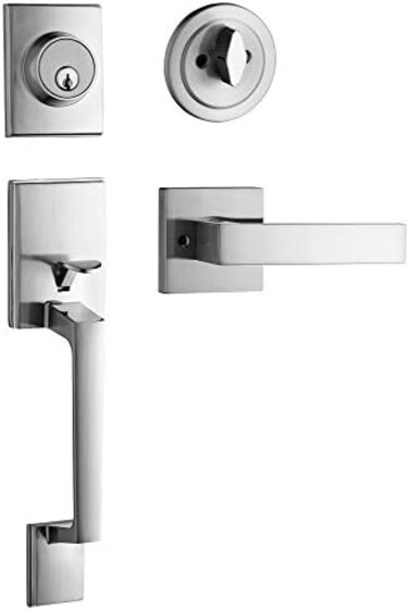 Berlin Modisch Single Cylinder HandleSet with Lever Door Handle Reversible for Right and Left Handed and a Single Cylinder deadbolt Handle Set 11" HandleSet [8 3/4" between screw holes] Silver