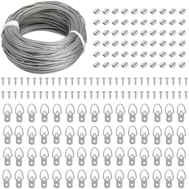 Blisstime Picture Hanging Kit, 60 Pcs D Ring Picture Hangers with Screws and 100 Feet Stainless Steel Hanging Wire, for Hanging Paintings Photos