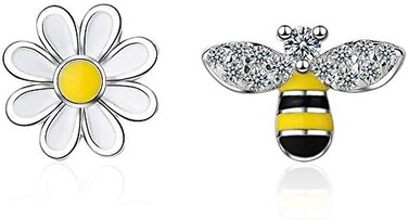 NewZenro CZ Bee Daisy Flower Asymmetric Sterling Silver Stud Earrings for Women Teen Girls Kids Sensitive Ear Fashion Tiny Animal Cute Piercing Post Hypoallergenic 2019