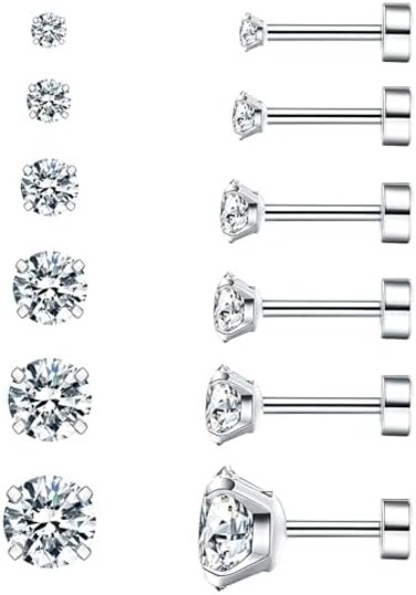 Wssxc Cubic Zirconia Hypoallergenic Stud Earrings for Women Men Girls Statement Cartilage Fashion Surgical Steel Helix Earrings 5 Pairs, Cubic Zirconia