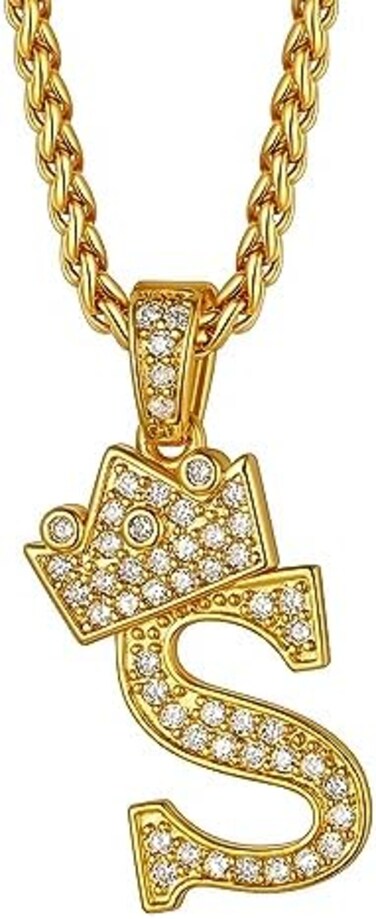 Richsteel Hip Hop Crown Pendant for Men Initial S Letter Necklace Monogram Jewelry King Kingdom Alphabet Charm with Chain 22'', 19-Gold-S, gold-plated-copper, Cubic Zirconia