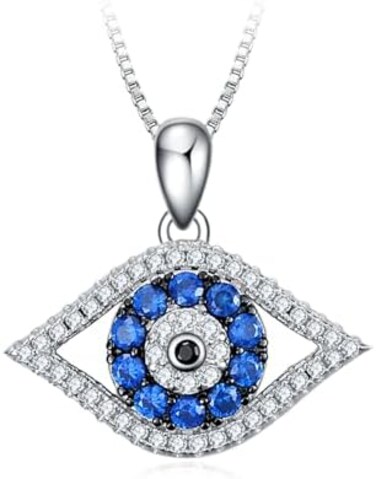 PEIMKO Evil Eye Pendant Necklace 925 Sterling Silver Greek Protection Jewelry Lucky Necklace for Women(white gold